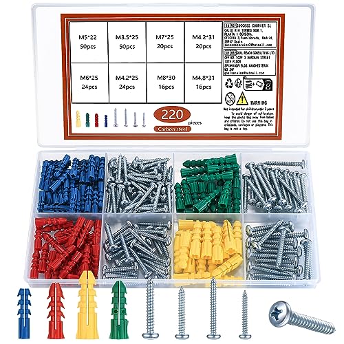 220 Stk Wanddübel und Schrauben Set,Universaldübel mit Schraube,Selbstbohrende Kreuz-Flachkopfschrauben Holzschrauben mit Gipskartondübel für Beton,Ziegel,Trockenbau (DEYYD-220-040) von YOUYIDUN