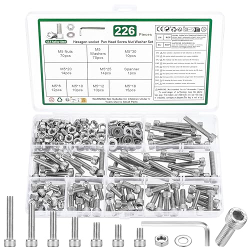226 Stk M5 Schrauben Set, Zylinderschrauben Muttern Set, Sechskantschrauben mit Muttern Set, Gewindeschrauben mit Innensechskant Schrauben Set, Maschinenschrauben Sortiment mit Unterlegscheiben Set von YOUYIDUN