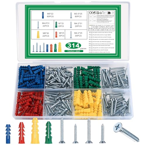 314 Stk Dübel Set mit Schrauben und Dübel Set, Betonschrauben mit Dübel Set, Schlagdübel mit Gipskarton Schrauben und Rigipsdübel Gipskartondübel für Beton,Ziegel,Trockenbau von YOUYIDUN