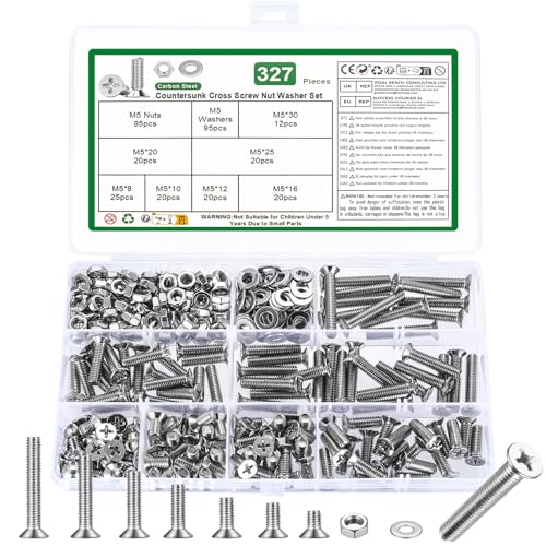 327 Stk M5 Schrauben Set, Senkkopfschrauben Muttern Set, Flachkopfschrauben und Muttern Set, Kreuzschlitz Maschinenschrauben Sortiment, Gewindeschrauben Set mit Unterlegscheiben Set(Silber, M5) von YOUYIDUN