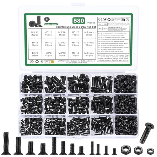580 Stk M3 M4 M5 Schrauben Set, Senkkopfschrauben Muttern Set, Flachkopfschrauben und Muttern Set, Kreuzschlitz Maschinenschrauben Sortiment Kit mit Unterlegscheiben Set(Schwarz, M3 M4 M5) von YOUYIDUN