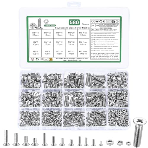 580 Stk M3 M4 M5 Schrauben Set, Senkkopfschrauben Muttern Set, Flachkopfschrauben und Muttern Set, Kreuzschlitz Maschinenschrauben Sortiment Kit mit Unterlegscheiben Set(Silber, M3 M4 M5) von YOUYIDUN