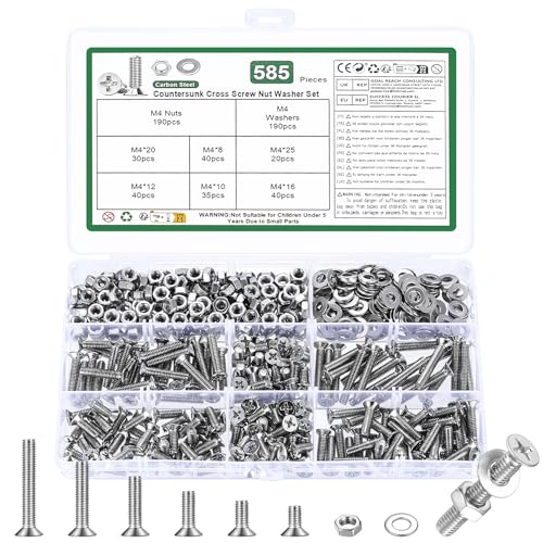 585 Stk M4 Schrauben Set, Senkkopfschrauben Muttern Set, Flachkopfschrauben und Muttern Set, Kreuzschlitz Maschinenschrauben Sortiment, Gewindeschrauben Set mit Unterlegscheiben Set(Silber, M4) von YOUYIDUN