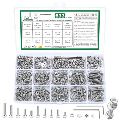 633 Stk M3 M4 Schrauben Set, Zylinderschrauben Muttern Set, Sechskantschrauben mit Muttern Set, Gewindeschrauben mit Innensechskant Schrauben Set, DIN912 Maschinenschrauben mit Unterlegscheiben Set von YOUYIDUN