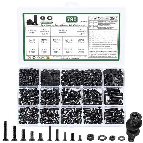790 Stk M3 M4 Schrauben Set, Senkkopfschrauben Muttern Set, Flachkopfschrauben und Muttern Set, Kreuzschlitz Maschinenschrauben Sortiment Kit mit Unterlegscheiben Set(Schwarz, M3 M4) von YOUYIDUN