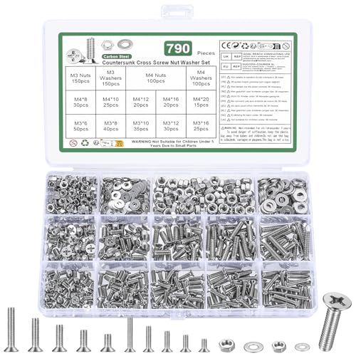 790 Stk M3 M4 Schrauben Set, Senkkopfschrauben Muttern Set, Flachkopfschrauben und Muttern Set, Kreuzschlitz Maschinenschrauben Sortiment Kit mit Unterlegscheiben Set(Silber, M3 M4) von YOUYIDUN