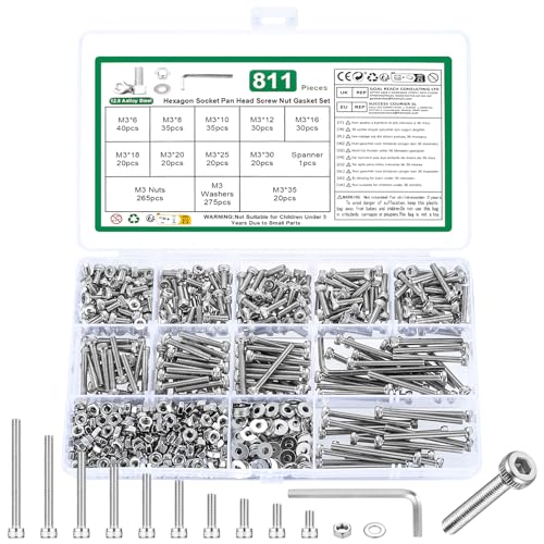 811 Stk M3 Schrauben Set, Zylinderschrauben Muttern Set, Sechskantschrauben mit Muttern Set, Gewindeschrauben mit Innensechskant Schrauben Set, DIN912 Maschinenschrauben mit Unterlegscheiben Set von YOUYIDUN
