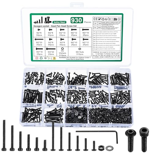 930 STK M2 Schrauben Set, Sechskantschrauben Muttern Set & Innensechskant Schrauben und Muttern Set, Zylinderkopfschrauben mit Unterlegscheiben Set, Kleine Gewindeschrauben Sortiment, Schwarz von YOUYIDUN