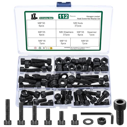 M8 Sechskantschrauben Muttern Set, 112 STK Zylinderkopfschrauben mit Muttern Set, Innensechskant Schrauben und Muttern Set mit Unterlegscheiben, Maschinenschrauben Sortiment, 12.9 Kohlenstoffstahl von YOUYIDUN