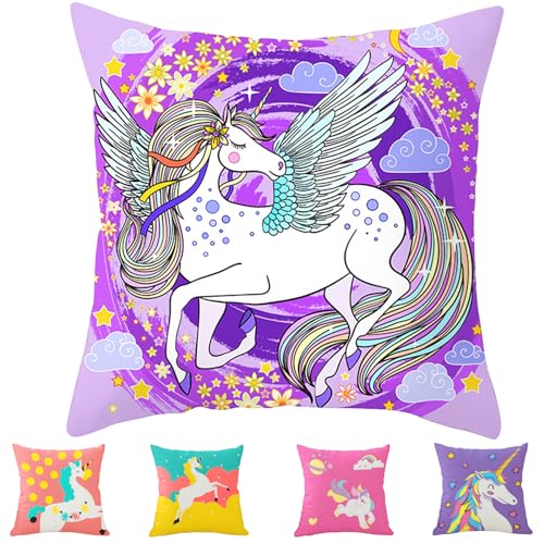 YOUYIKE Einhorn Kissenbezug 45x 45 cm, Kopfkissenbezüge für Zierkissen, Lila Niedliches Cartoon Einhorn Dekorative Kissenbezug, für Sofa Wohnzimmer Babyzimmer Kinderzimmer Zuhause Dekoration von YOUYIKE