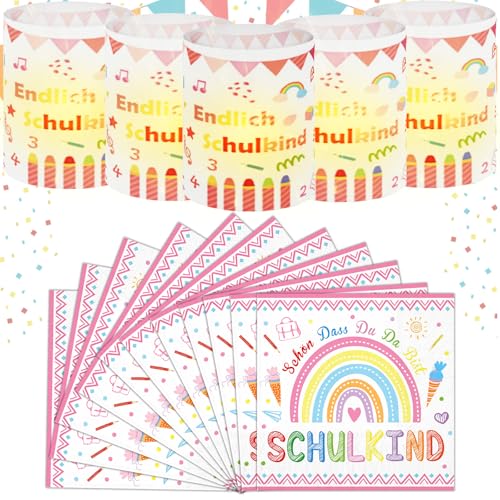YOUYIKE Regenbogen Einschulung MäDchen Deko 20 StüCk Einschulung Servietten + 12 Windlichter Tischdeko,Deko Einschulung MäDchen 2025,SchuleinfüHrung Einschulungsdeko,Schulanfang Deko MäDchen Rosa von YOUYIKE