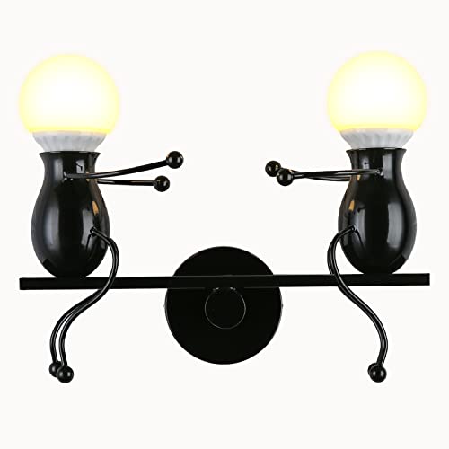 YOXANG 40 Watt Moderne Kreativ Design Wandlampe LED Dekorativ Metall Eisen Paar Mini Karikatur Puppe Nachttischlampe Einstellbar Wandbeleuchtung 2×E27 (Schwarz) von YOXANG