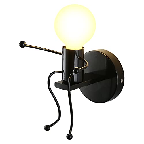 YOXANG 40W LED Wandleuchte Moderne Kreativ Nachttischlampe Wände Dekorieren Metall Karikatur Mini-Puppe Anwendbar auf Schlafzimmer Flur Wohnzimmer Küche Stilvolles Wandlampe E27 (Schwarz, Single) von YOXANG