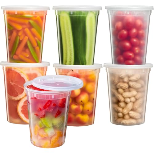 YOYEAH 24 Stück Kunststoffbehälter mit Deckel - 950ml/32oz wiederverwendbare Aufbewahrungsbecher für Lebensmittel, auslaufsichere Deli-Container (24 Sets - 32 oz) von YOYEAH