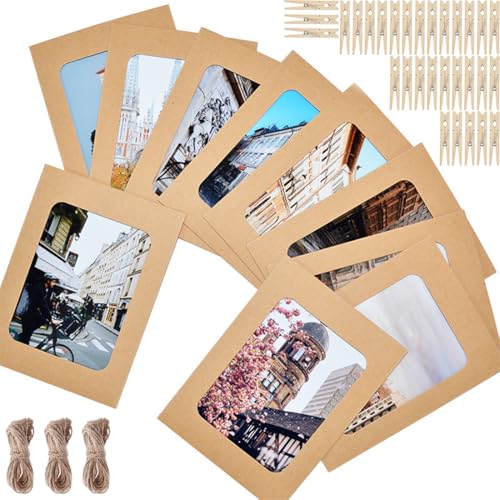 YOYEAH 30 Stücke Kraftpapier-Bilderrahmen 10x15cm Fotogirlande mit Holzklammern und Hanfseilen, Bilderkette zum aufhängen Fotovorhang für DIY/Geburtstag/Hochzeit/Jubiläum von YOYEAH