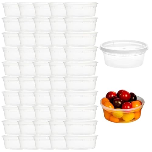 YOYEAH 50 Stück Kunststoffbehälter mit Deckel - 330ml/8oz wiederverwendbare Aufbewahrungsbecher für Lebensmittel, auslaufsichere Deli-Container (50 Sets - 8 oz) von YOYEAH
