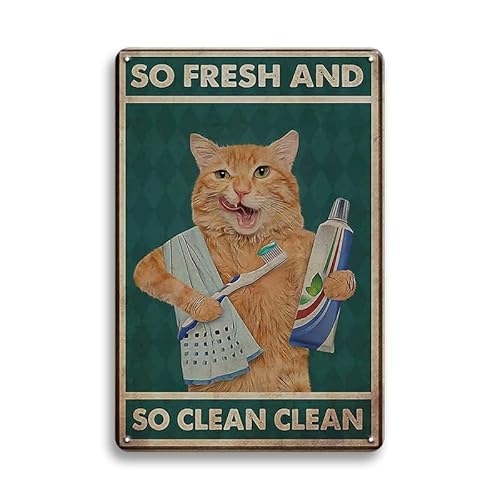 Lustiges Metall-Blechschild mit orangefarbener Katze – So Fresh And So Clean Clean – Orange Cat Brushing Teeth And Washing Face, Schlafzimmer, Katzengeschenk für Katzenliebhaber von YOYI ART