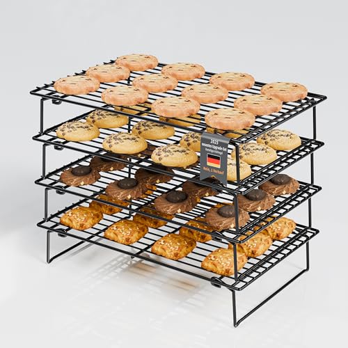 YOYIKKO 4 Kühlregale zum Kochen und Backen, 4 Etagen Abkühlgitter, zusammenklappbar, 26 x 41cm, kühle Chargen Kekse, antihaftbeschichtet und BPA-frei, ofen- und spülmaschinenfest (schwarz-80) von YOYIKKO