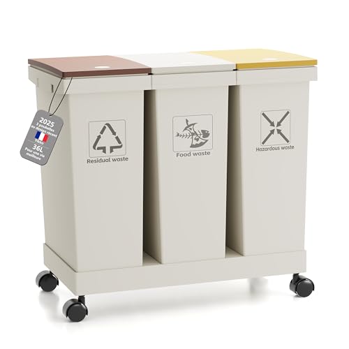 YOYIKKO Set mit 3 verschiedenen Mülleimern, 3 Behälter mit Deckel, 3 x 12 l, herausnehmbare Recyclingbehälter mit Rädern, differenziertes Sammelsystem (36L-30) von YOYIKKO