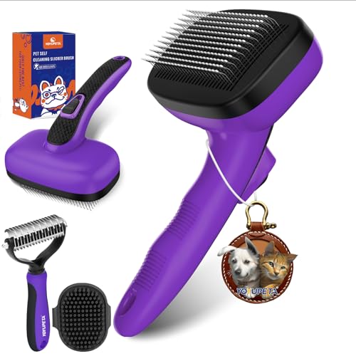 YOYUPETA Selbstreinigende Hundebürste 3er Set – Unterfellkamm + Badebürste bei starkem Haarausfall | Für Hunde & Katzen aller Rassen mit ergo Griff + sanfte Massage + Haarentfernungssystem - Lila von YOYUPETA