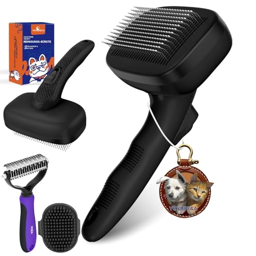 YOYUPETA Selbstreinigende Hundebürste 3er Set – Unterfellkamm + Badebürste bei starkem Haarausfall | Für Hunde & Katzen aller Rassen mit ergo Griff + sanfte Massage + Haarentfernungssystem - Schwarz von YOYUPETA