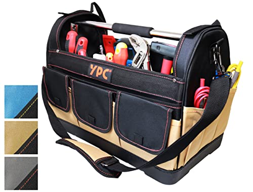 YPC Pioneer Werkzeugkorb XXL – Profi tragbare Werkzeugtasche mit stabilem Boden, Wasserfest, Reißfest, Schultergurt mit Polster & Metall-Handgriff, Beige- Schwarz, 45x35x23cm – 20 kg Tragkraft von YPC