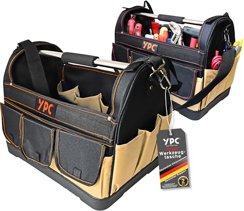 YPC Pioneer Werkzeugkorb XXL – Profi tragbare Werkzeugtasche mit stabilem Boden, Wasserfest, Reißfest, Schultergurt mit Polster & Metall-Handgriff, Beige- Schwarz, 45x35x23cm – 20 kg Tragkraft von YPC