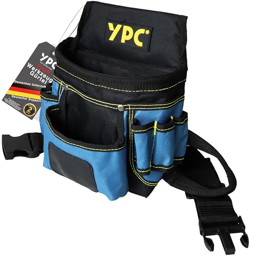 YPC Presto Werkzeug Gürteltasche XL – Werkzeuggürtel, Arbeitsgürtel, wasserfeste Werkzeugtasche mit Hammerschlaufe, reißfester Nylongürtel, 12 Taschen, Blau-Schwarz, 27x21x13cm – 5 kg Tragkraft von YPC