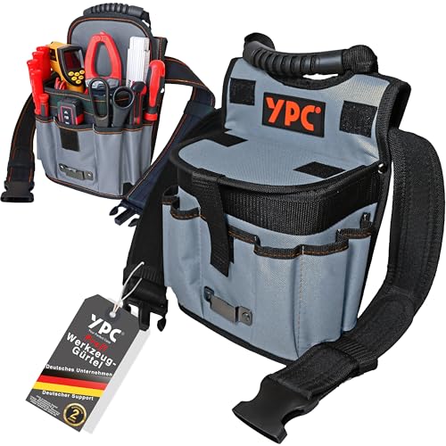YPC Rapid Werkzeug Gürteltasche XXL – Profi Werkzeuggürtel, Großer Arbeitsgürtel, wasserfeste Werkzeugtasche mit Schlaufen, reißfest, Tragegriff, 11 Taschen, Grau-Schwarz, 29x20x13cm – 5 kg Tragkraft von YPC