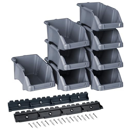 YPC Stapelboxen Set - Grau 8 Stück - Sichtlagerboxen 16x9x7cm mit Wandhalterung für Werkstatt & Garage zur Aufbewahrung von Schrauben & Werkzeug von YPC