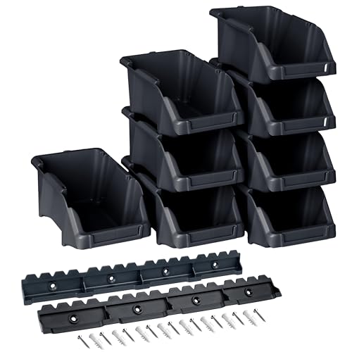 YPC Stapelboxen Set - Schwarz 8 Stück - Sichtlagerboxen 16x9x7cm mit Wandhalterung für Werkstatt & Garage zur Aufbewahrung von Schrauben & Werkzeug von YPC