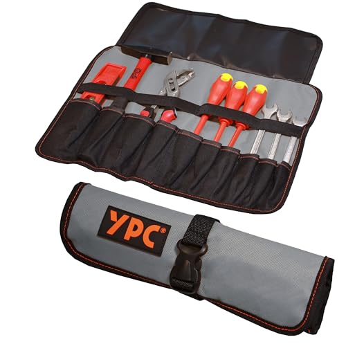 YPC VarioRoll L – 45x32cm, 10 Steckfächer und 4 Halteschlaufen, Werkzeugtasche rollbar, Messertasche, Werkzeug Rolltasche, Werkzeugrolle, Schraubendreher & Maulschlüssel Tasche leer von YPC