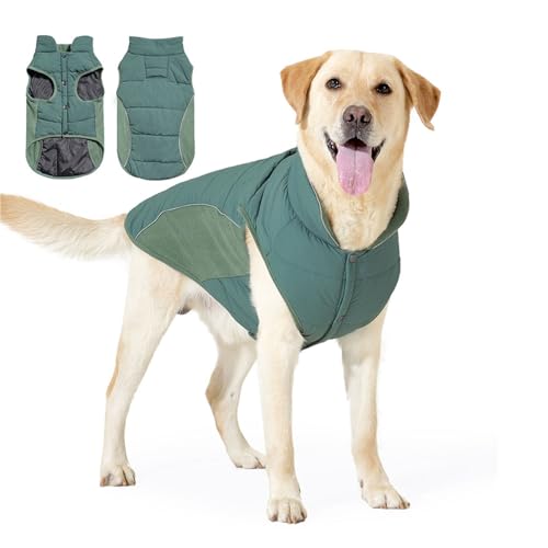 YPDOPORA Hundejacke, Reflektierender Schneeanzug, Warmer Hundemantel Mit Integriertem, Wasserdichtem Geschirr, Rollkragen, Winddichte Welpenjacke, Kuscheliger Rollkragenmantel Für Hunde,Grün,L von YPDOPORA