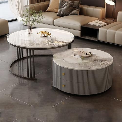 YPDOPORA Kleine Runde Couchtische, 2Er-Set, Industrieller Beistelltisch, Couchtisch-Set Mit 2 Schubladen, Runde Couchtische Für Wohnzimmer, Büro, Schlafzimmer,Gold,60 * 80cm von YPDOPORA