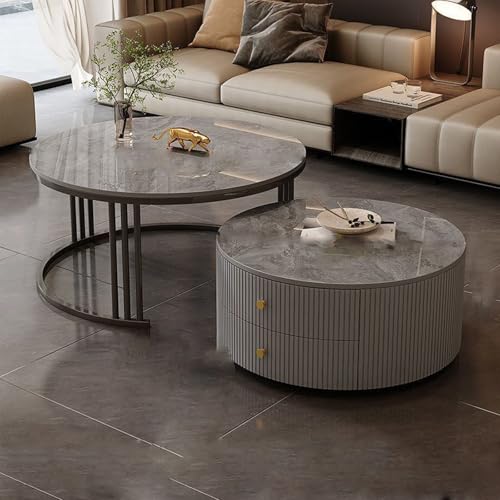 YPDOPORA Kleine Runde Couchtische, 2Er-Set, Industrieller Beistelltisch, Couchtisch-Set Mit 2 Schubladen, Runde Couchtische Für Wohnzimmer, Büro, Schlafzimmer,Grau,60 * 70cm von YPDOPORA