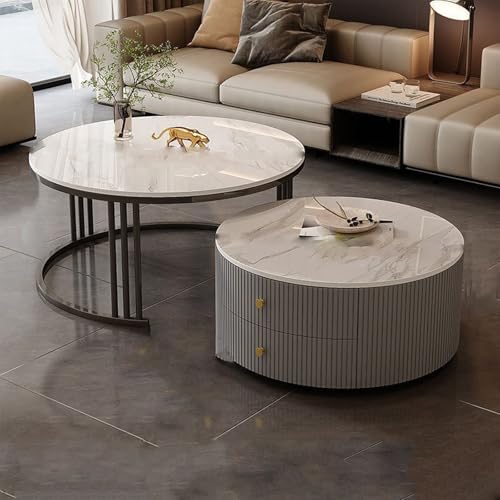 YPDOPORA Kleine Runde Couchtische, 2Er-Set, Industrieller Beistelltisch, Couchtisch-Set Mit 2 Schubladen, Runde Couchtische Für Wohnzimmer, Büro, Schlafzimmer,Weiß,60 * 70cm von YPDOPORA