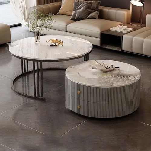 YPDOPORA Kleine Runde Couchtische, 2Er-Set, Industrieller Beistelltisch, Couchtisch-Set Mit 2 Schubladen, Runde Couchtische Für Wohnzimmer, Büro, Schlafzimmer,White Gold,60 * 70cm von YPDOPORA