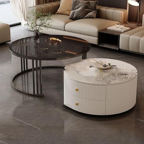 YPDOPORA Marmor-Couchtisch, Couchtische Mit Stauraum Für Das Wohnzimmer, Vielseitiger Runder Sofa-Beistelltisch Mit Scrollrad Für Wohnzimmer, Balkon, Café, Büro,Black Gold,60 * 70cm von YPDOPORA
