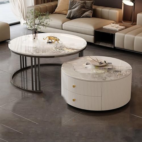 YPDOPORA Marmor-Couchtisch, Couchtische Mit Stauraum Für Das Wohnzimmer, Vielseitiger Runder Sofa-Beistelltisch Mit Scrollrad Für Wohnzimmer, Balkon, Café, Büro,Gold,60 * 80cm von YPDOPORA