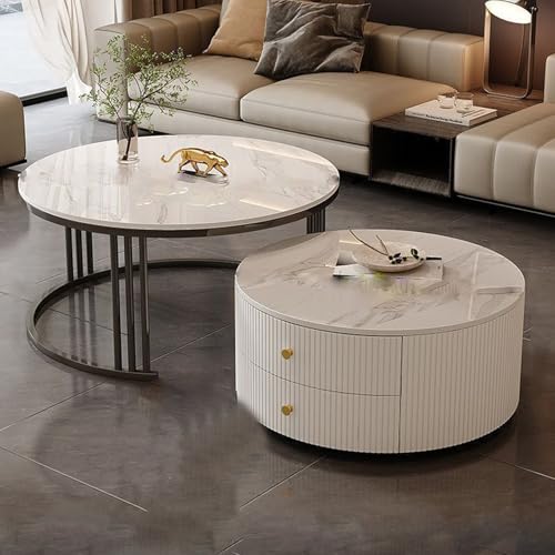 YPDOPORA Marmor-Couchtisch, Couchtische Mit Stauraum Für Das Wohnzimmer, Vielseitiger Runder Sofa-Beistelltisch Mit Scrollrad Für Wohnzimmer, Balkon, Café, Büro,Weiß,50 * 70cm von YPDOPORA