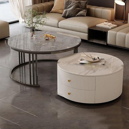 YPDOPORA Marmor-Couchtisch, Couchtische Mit Stauraum Für Das Wohnzimmer, Vielseitiger Runder Sofa-Beistelltisch Mit Scrollrad Für Wohnzimmer, Balkon, Café, Büro,White Gray,60 * 80cm von YPDOPORA