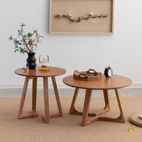 YPDOPORA Modernes Rundes Couchtisch-Set Aus 2 Stück, Couchtische Aus Rundem Holz, Mitteltisch-Set Für Modernes Wohnzimmer Mit Leiser Fußauflage, Mitteltische Für Zuhause,Gelb von YPDOPORA