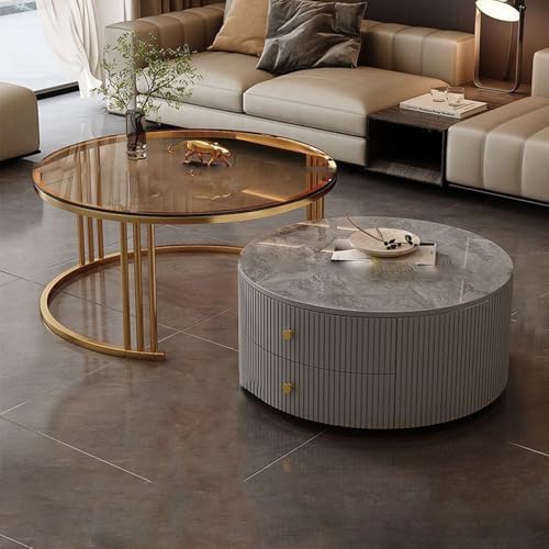 YPDOPORA Runder Satz-Couchtisch, Runde Couchtische Mit Stauraum Für Das Wohnzimmer, Mesa De Centro para Sala Minimalista, Vielseitiger Couchtisch Mit 2 Schubladen Für Das Büro,Gold,60 * 80cm von YPDOPORA