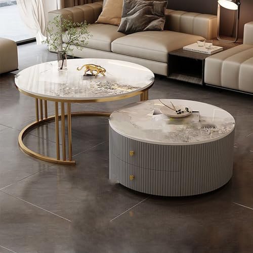 YPDOPORA Runder Satz-Couchtisch, Runde Couchtische Mit Stauraum Für Das Wohnzimmer, Mesa De Centro para Sala Minimalista, Vielseitiger Couchtisch Mit 2 Schubladen Für Das Büro,Gold White,60 * 80cm von YPDOPORA