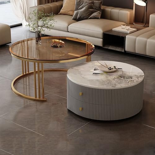 YPDOPORA Runder Satz-Couchtisch, Runde Couchtische Mit Stauraum Für Das Wohnzimmer, Mesa De Centro para Sala Minimalista, Vielseitiger Couchtisch Mit 2 Schubladen Für Das Büro,Gray Gold,50 * 70cm von YPDOPORA