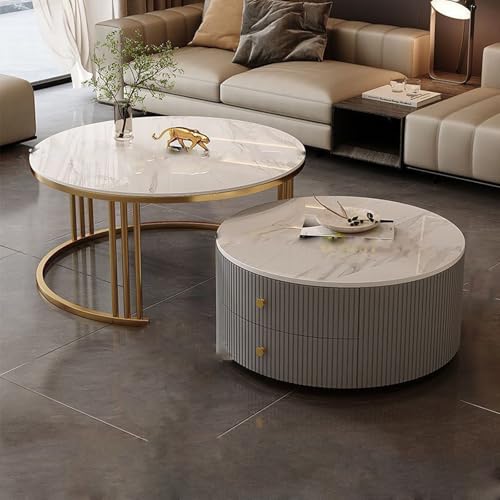 YPDOPORA Runder Satz-Couchtisch, Runde Couchtische Mit Stauraum Für Das Wohnzimmer, Mesa De Centro para Sala Minimalista, Vielseitiger Couchtisch Mit 2 Schubladen Für Das Büro,Gray White,60 * 70cm von YPDOPORA