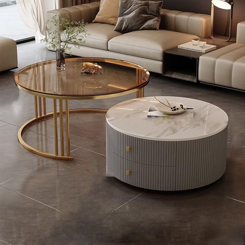 YPDOPORA Runder Satz-Couchtisch, Runde Couchtische Mit Stauraum Für Das Wohnzimmer, Mesa De Centro para Sala Minimalista, Vielseitiger Couchtisch Mit 2 Schubladen Für Das Büro,Platinum,60 * 80cm von YPDOPORA