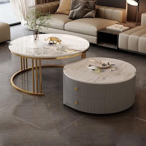 YPDOPORA Runder Satz-Couchtisch, Runde Couchtische Mit Stauraum Für Das Wohnzimmer, Mesa De Centro para Sala Minimalista, Vielseitiger Couchtisch Mit 2 Schubladen Für Das Büro,Weiß,50 * 70cm von YPDOPORA