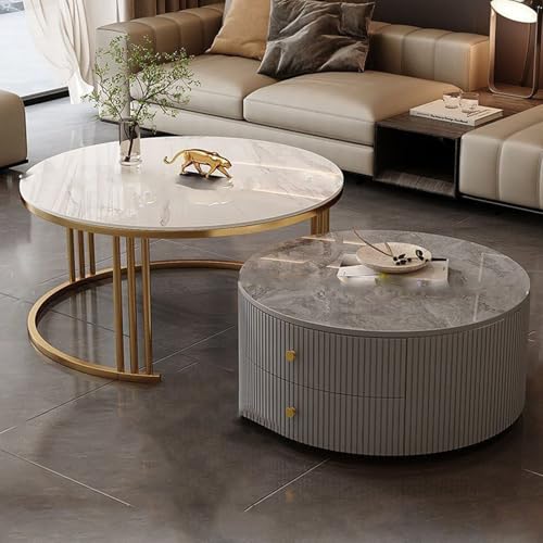 YPDOPORA Runder Satz-Couchtisch, Runde Couchtische Mit Stauraum Für Das Wohnzimmer, Mesa De Centro para Sala Minimalista, Vielseitiger Couchtisch Mit 2 Schubladen Für Das Büro,White Gray,50 * 70cm von YPDOPORA
