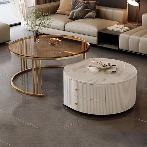 YPDOPORA Satztische, 2Er-Set Mit Großem Stauraum, Runder Couchtisch in Der Mitte, Moderner Couchtisch Mit 2 Schubladen Für Wohnzimmer, Büro, Balkon, Schlafzimmer,Gold,60 * 80cm von YPDOPORA
